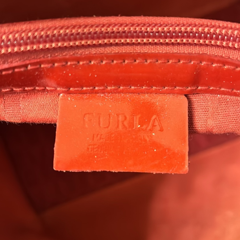 Furla Red Patent Leather Structured Divide It Tote Bag Silver Logo Charm - Picture 6 of 16